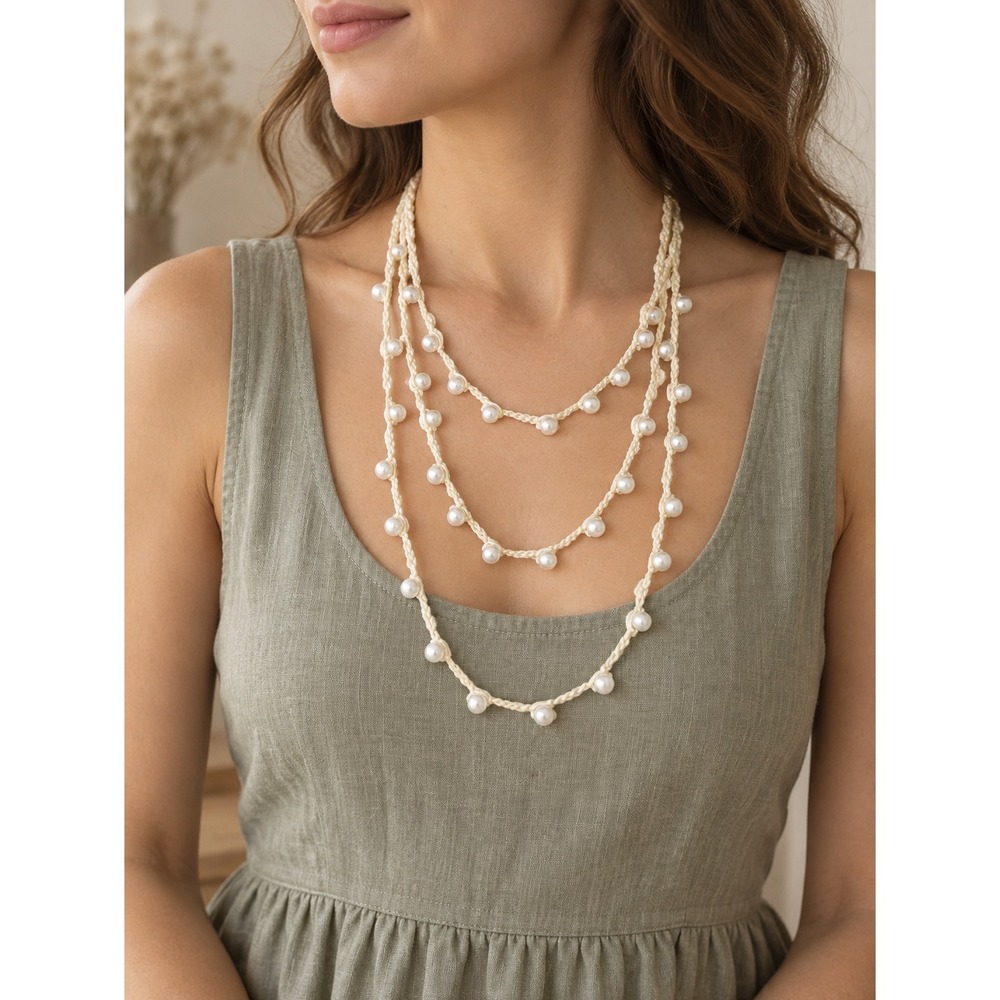 Ivory Crochet Pearl Look Necklace 3 Strand Layered Boho Cottagecore Handmade